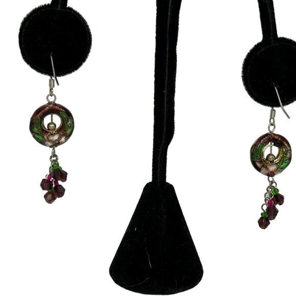Floral Cloisonne French Hook Earrings Burgandy Green Pink Vintage 1.5" Drop EUC - Picture 6 of 6